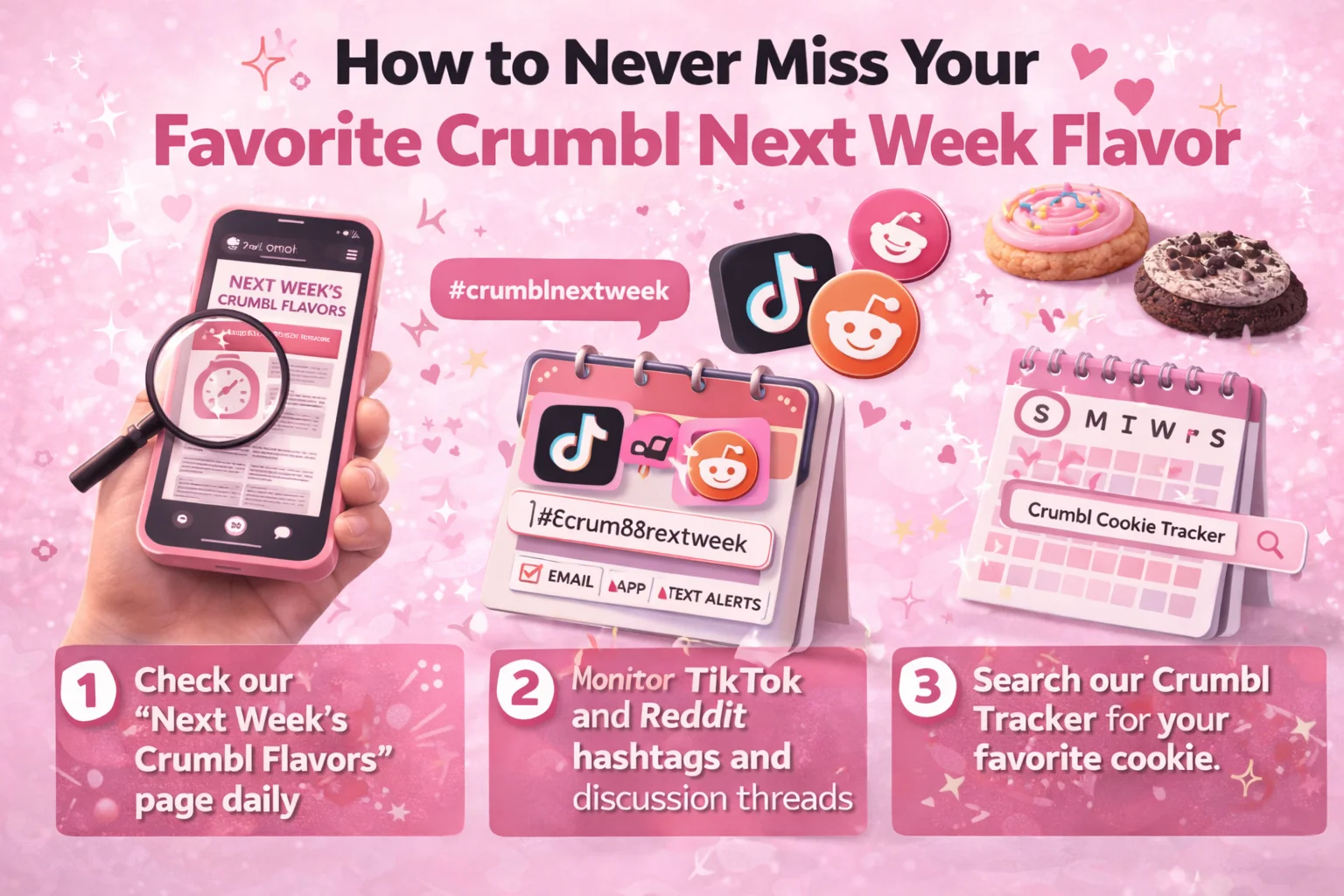 Illustration showing how to track Crumbl next week flavors using TikTok, Reddit, alerts, and cookie tracker to never miss favorite cookies